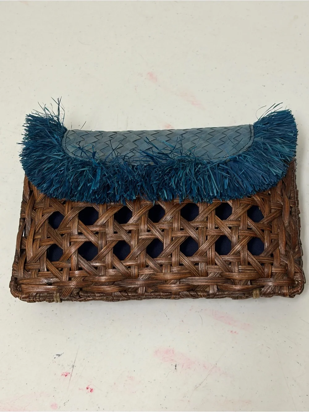 Anthropologie Brown Woven Rattan Clutch with Deep Teal Fringe